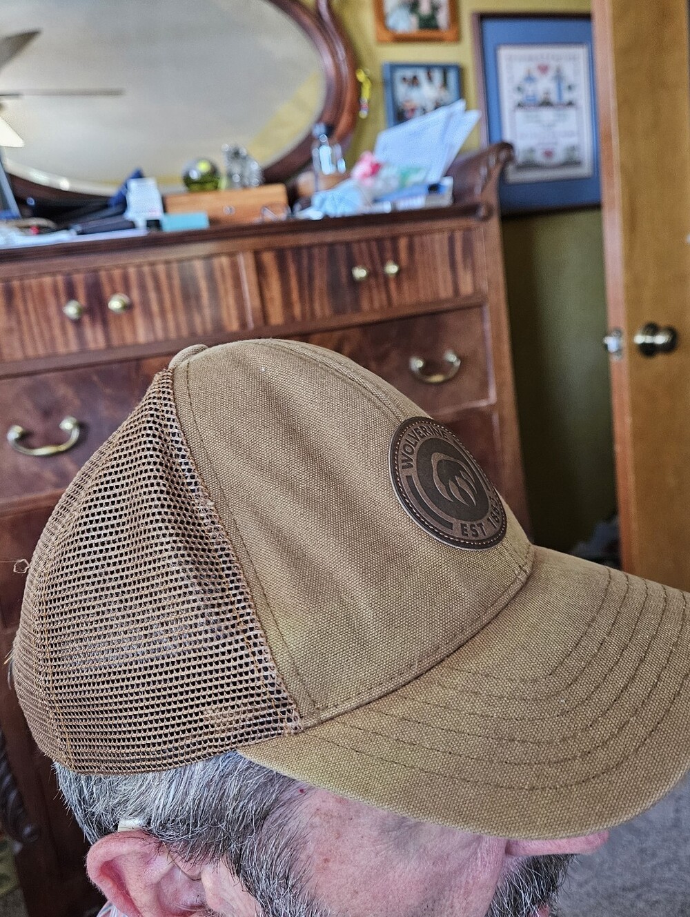 Wolverine Leather-like Patch Mesh Truckers Cap Adjustable Back Brown